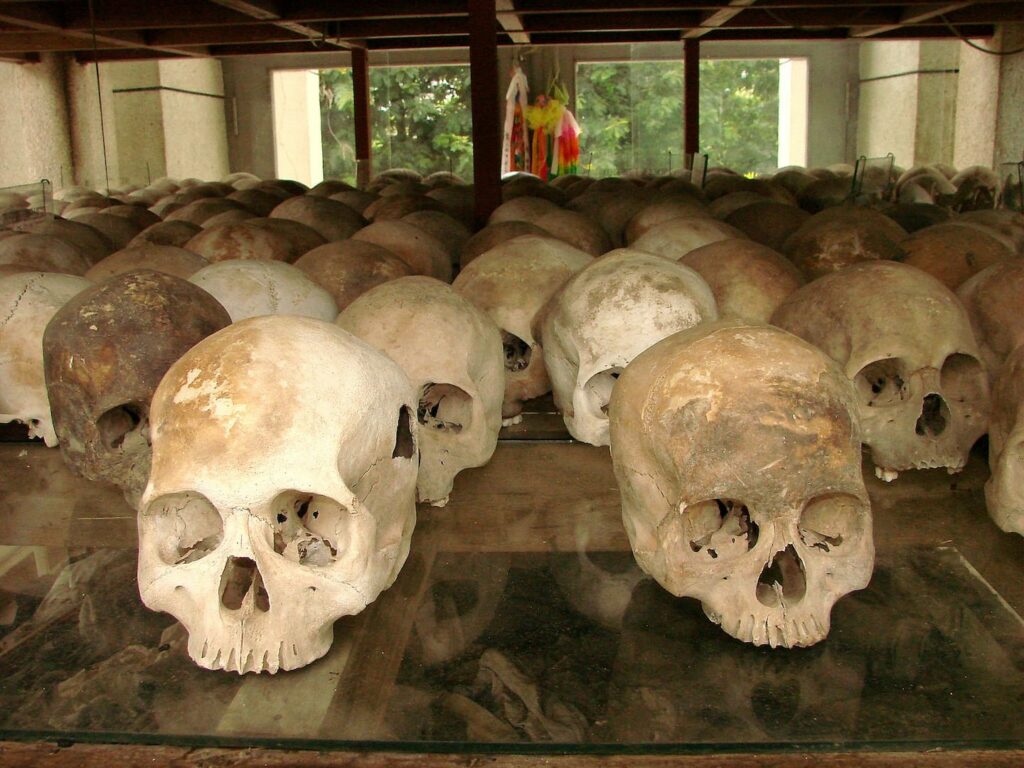Stela of skulls, Cheung Ek Killing Fields site, near Phnom Penh, Cambodia. May 2009.