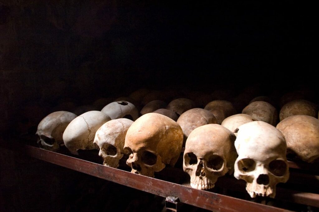 A collection of human skulls. This is part of a museum exhibit in Rwanda about the country's genocide. 2007. Photo: Fanny Schertzer.