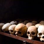 A collection of human skulls. This is part of a museum exhibit in Rwanda about the country's genocide. 2007. Photo: Fanny Schertzer.
